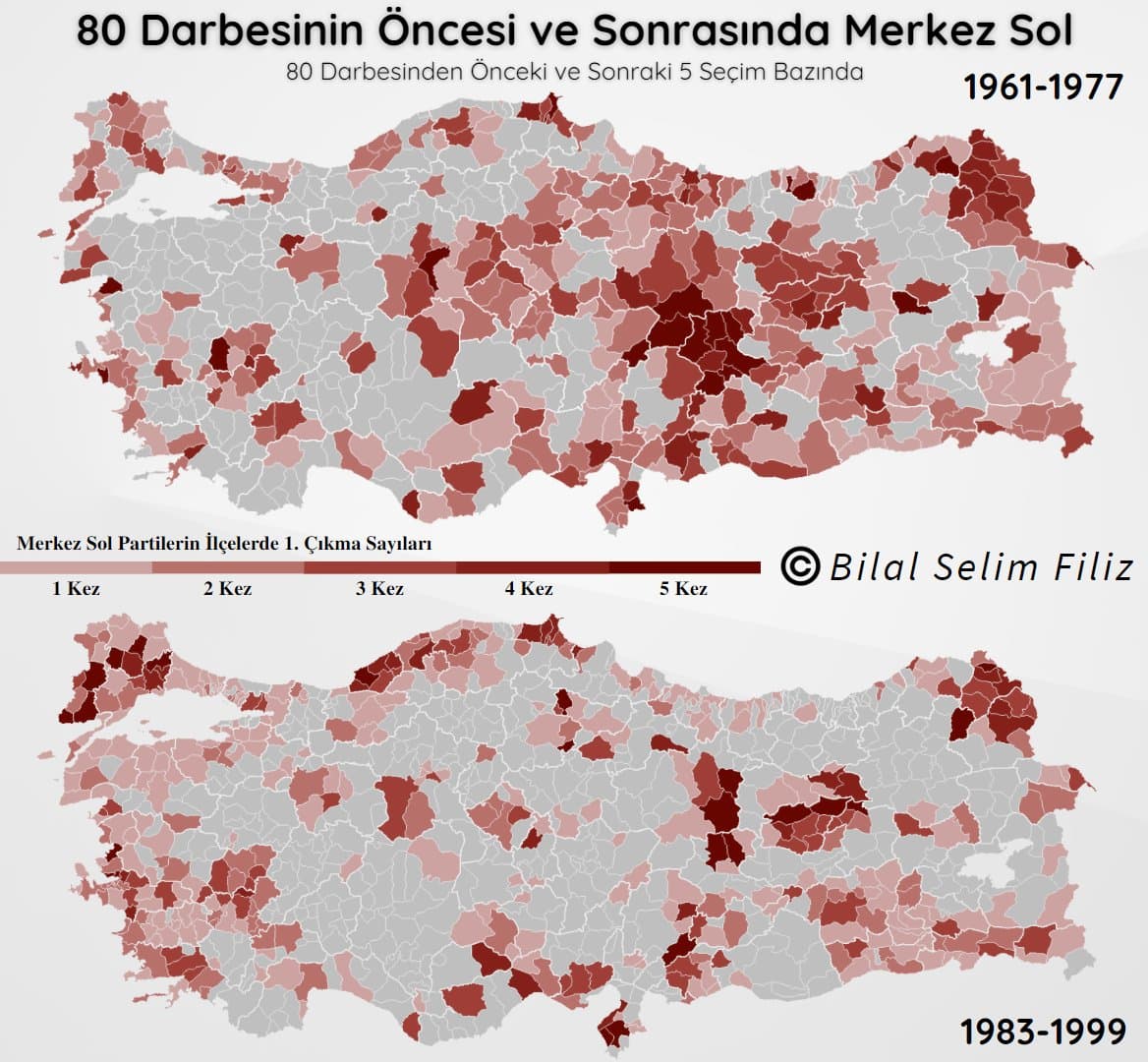 1980 Öncesinde 5 "1961-77" ve 1980 Sonrasındaki 5 "1983-99" Genel Seçimde Merkez Sol'un Etki Alanı